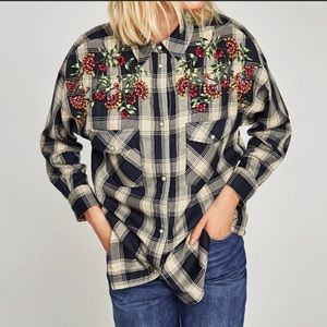 Zara plaid tunic button down embellished beads top